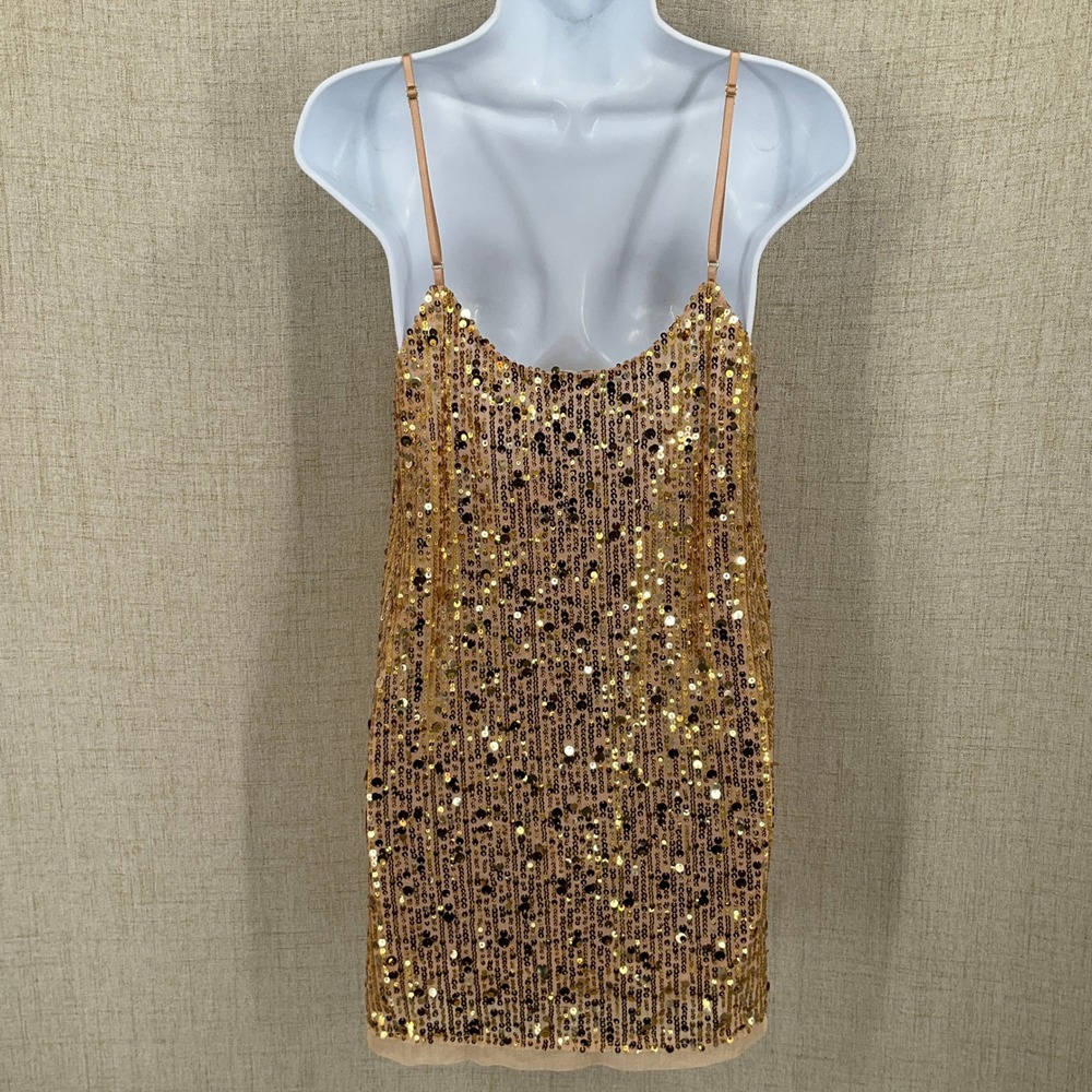 Free People Sequin Slip Dress Womens Small Gold Glam Party Mini Cocktail NEW - Picture 2 of 10